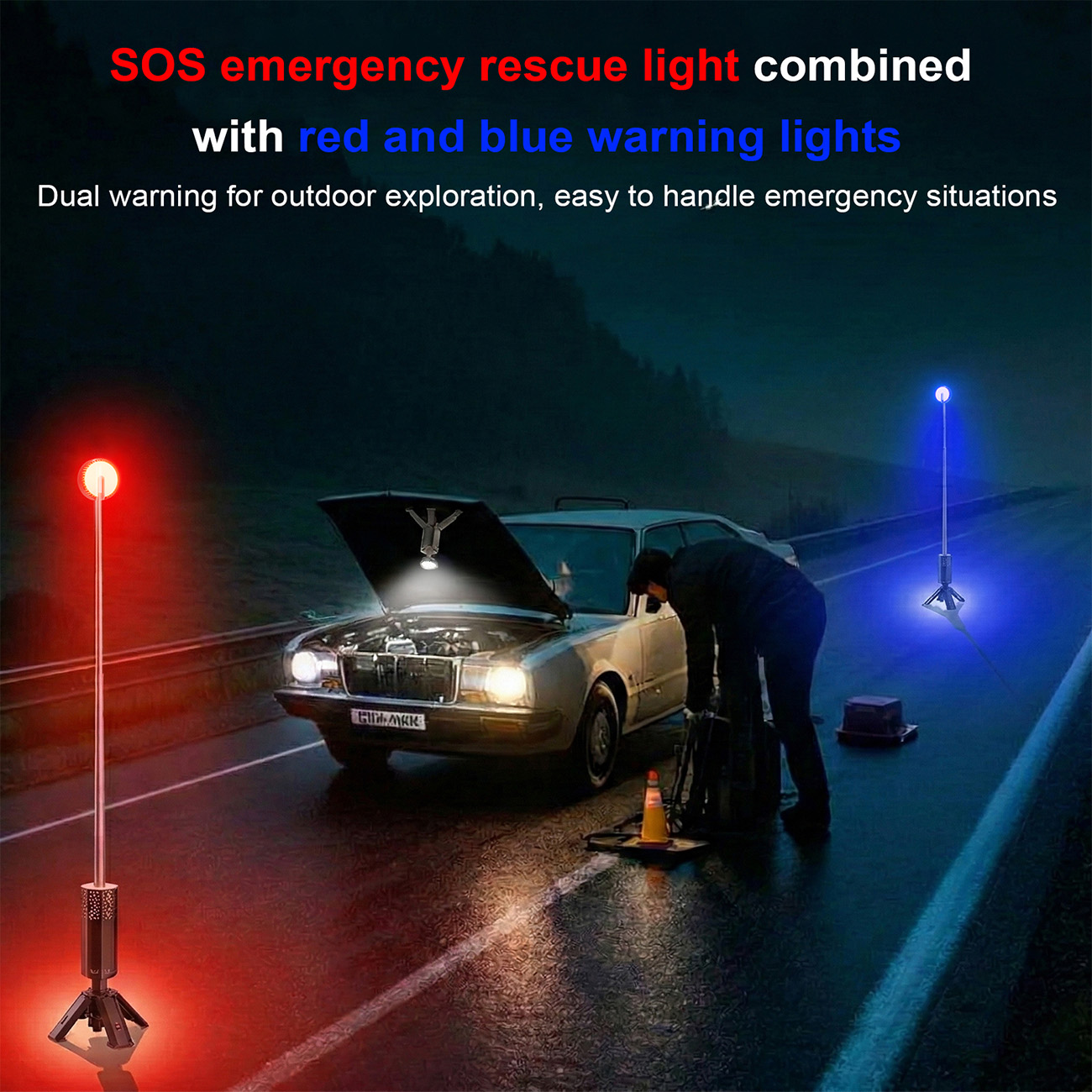Triangle Hollow Telescopic Lamp - SOS emergency rescue light with red blue warning strobe and tripod stand