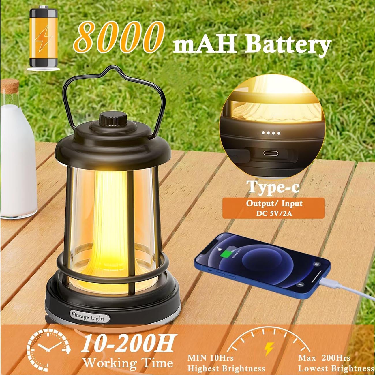 Retro Camping Lantern - rechargeable LED warm light with hanging hook for tent use